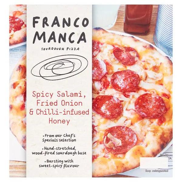 Franco Manca Sourdough Pizza Spicy Salami, Fried Onion & Chilli-Infused Honey 475g (Case of 6) - Honesty Sales U.K