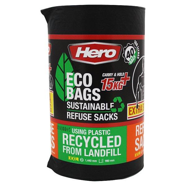 Hero 40 Eco Bags Sustainable Refuse Sacks Extra Strong 100 Litres - Honesty Sales U.K
