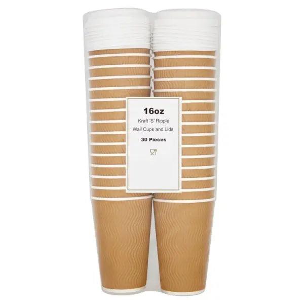16oz Kraft S Ripple Wall Cups and Lids 30 Pieces - Honesty Sales U.K