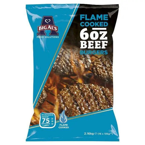 Big Al's Flame Cooked 6oz Beef Burgers 16 x 135g (2.16kg) - Honesty Sales U.K