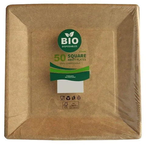 Bio Disposables 50 Square Kraft Plates 23cm - Honesty Sales U.K