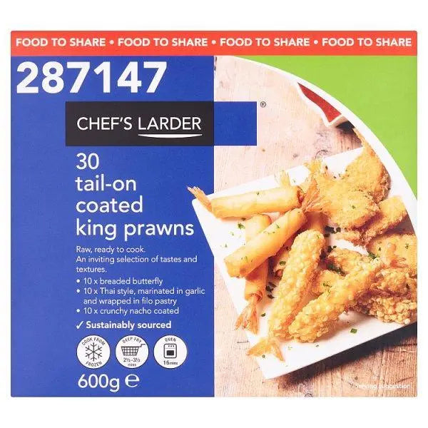 Chef's Larder 30 Tail-On Coated King Prawns 600g - Honesty Sales U.K