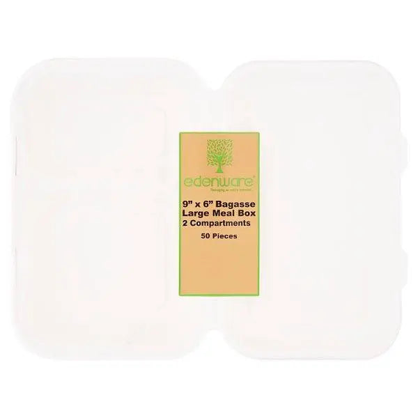 Edenware 9'' x 6" Bagasse Large Meal Box 50 Pieces - Honesty Sales U.K