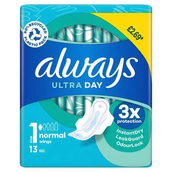 Always Ultra Day Pads Normal (S1) Wings x13 [PM £2.69 ] (Case of 24) - Honesty Sales U.K
