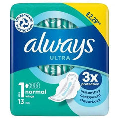 Always Ultra Sanitary Towels Normal (Size 1) Wings 13 Pads - Honesty Sales U.K