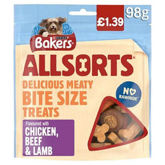 Bakers Allsorts Delicious Meaty Bite Size Treats Flavoured with Chicken, Beef & Lamb 98g (Case of 6) Bakers