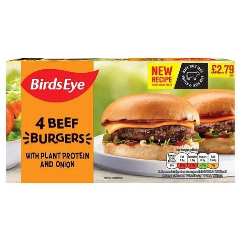 Birds Eye 4 Beef Burgers with Plant Protein and Onion 227g - Honesty Sales U.K