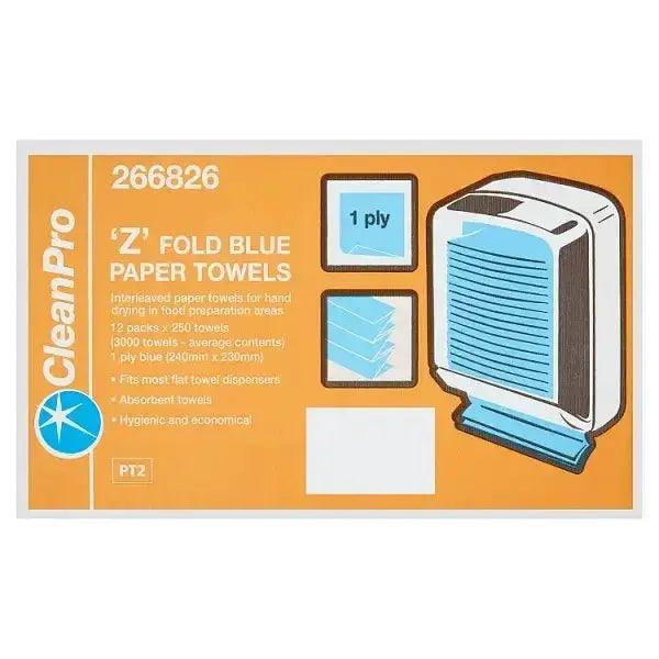 CleanPro Z Fold Blue Paper Towels 1 Ply 12 Packs x 250 Sheets - Honesty Sales U.K