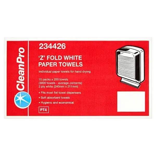 CleanPro Z Fold White Paper Towels 2 Ply 15 Packs 200 Towels - Honesty Sales U.K