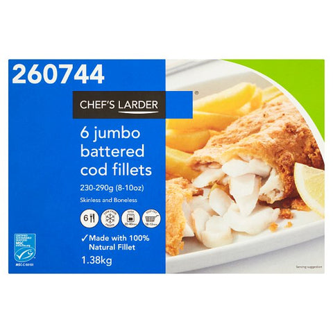 Chef's Larder 6 Jumbo Battered Cod Fillets 1.38kg