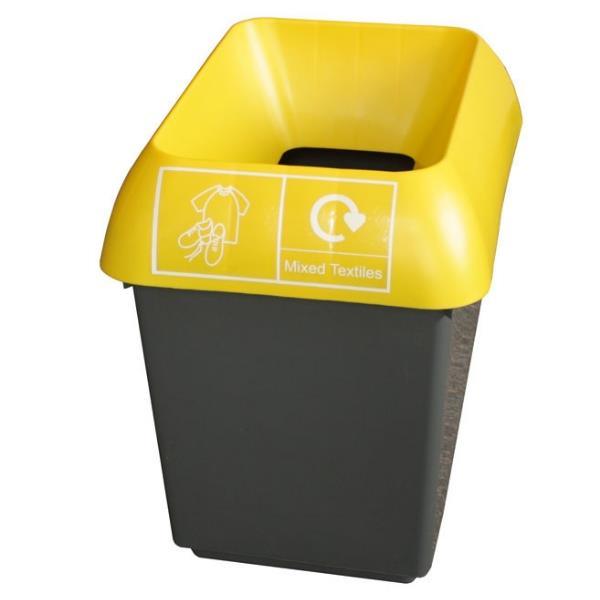 30L Recycling Bin with Yellow Lid & Textiles Logo - Honesty Sales U.K