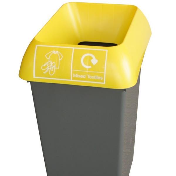 50L Recycling Bin with Yellow Lid & Textiles Logo - Honesty Sales U.K