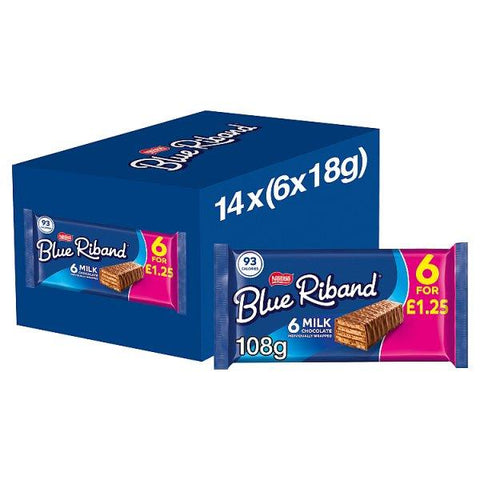 Blue Riband Milk Chocolate Wafer Biscuit Bar 6 Pack Multipack 108g (Case of 14)