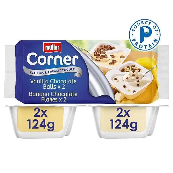Müller Corner Vanilla Chocolate Balls and Banana Chocolate Flakes Yogurts - Honesty Sales U.K