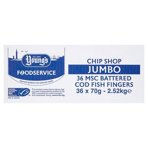 Young's Chip Shop Jumbo MSC Battered Cod Fish Fingers 36 x 70g (2.52kg) - Honesty Sales U.K